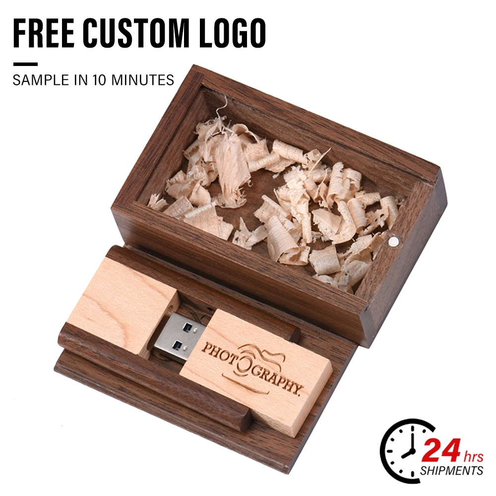 Wooden Rotatable USB Flash Drive 128GB Free Custom Logo Pendrive Memory Stick+Gift Box 8GB 16GB 32GB 64GB U Disk Wedding Gift