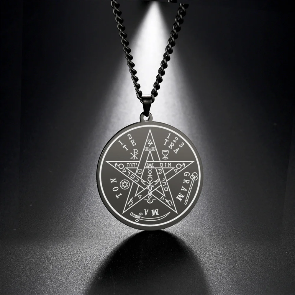 EUEAVAN Witchcraft Tetragrammaton Pentacle Necklace Stainless Steel Chain Pentagram Protection Magical God Name Amulet Jewelry