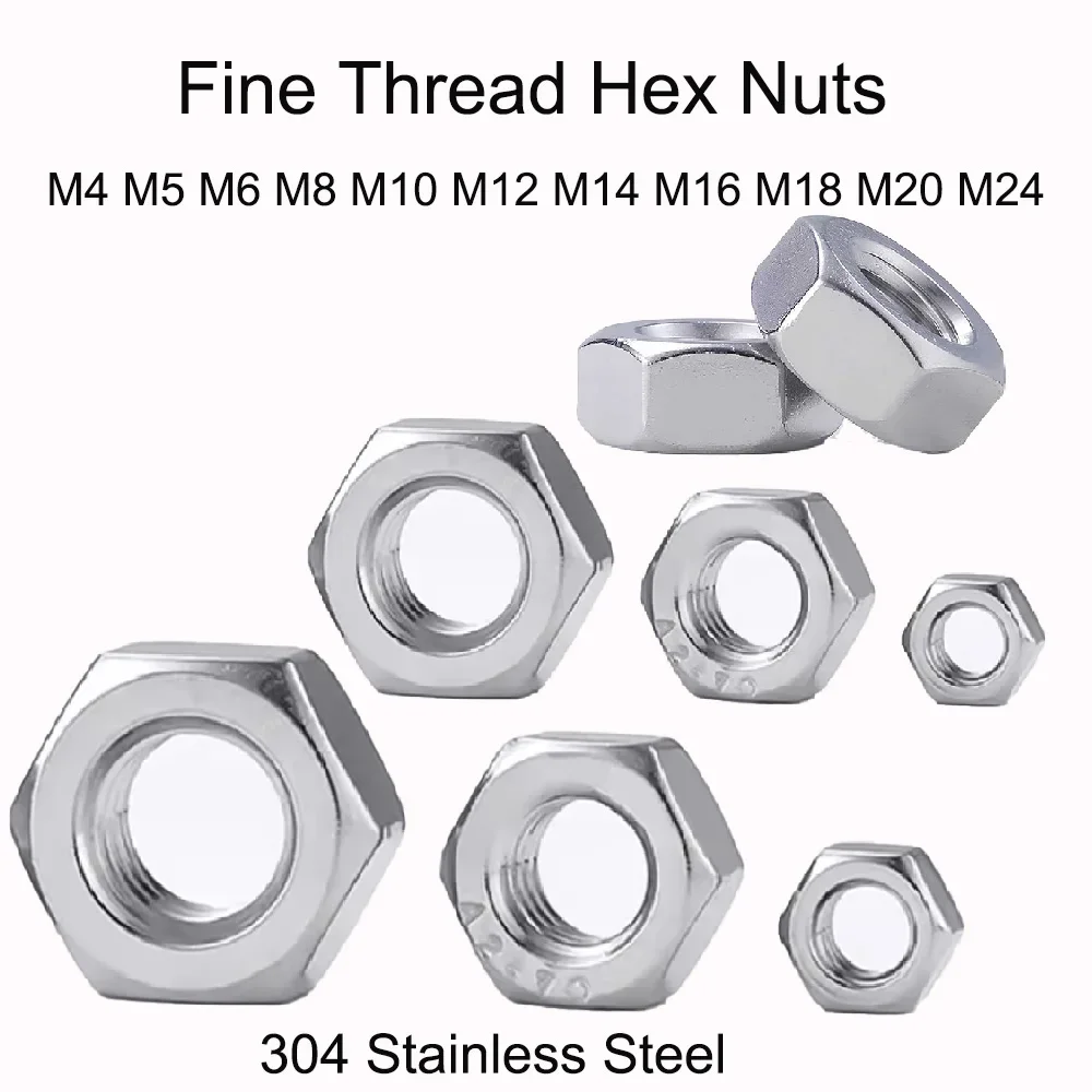 M4 M5 M6 M8 M10 M12 M14 M16 M18 M20 M24 304 Baja Tahan Karat Benang Halus Mur Hex Aksesori Perangkat Keras Mur Pengunci Segi Enam