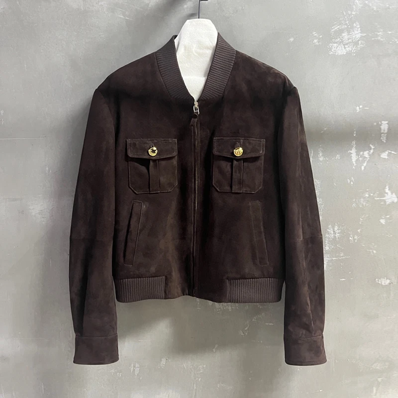 2025 Autunno Nuovo importato A-livello Giacca in pelle di agnello Top Moda Donna Casual Scollo a V Cerniera Pelle scamosciata Kid Giacche in vera pelle