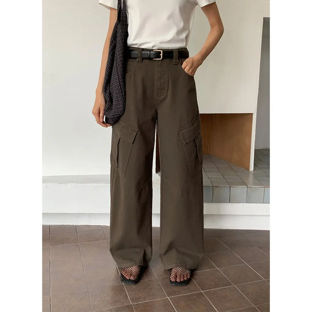 

High Waist Straight Leg Jeans Large Pockets Workwear Long Trousers New Autumn Style Thirteenth Factory Woodland