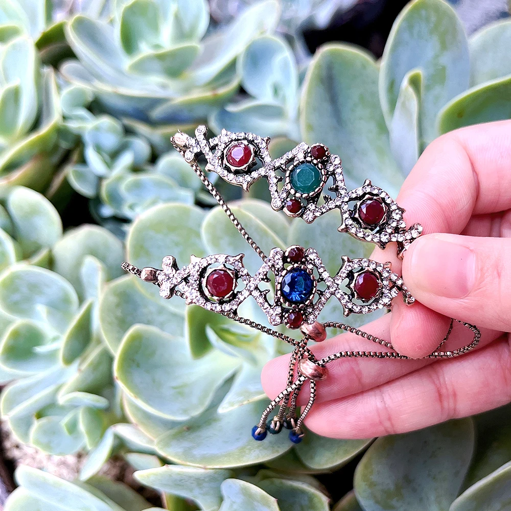 Vintage Women Slide Chain Bracelet Turkish Crystal Bracelet Antique Gold Color Hollow Geometric Type Bridal Wedding Jewelry Gift