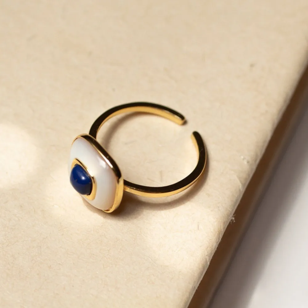 اللازورد وأم اللؤلؤ مربع قابل للتعديل حلقة مفتوحة الحد الأدنى مطلية بالذهب بيان مجوهرات هندسية للنساء