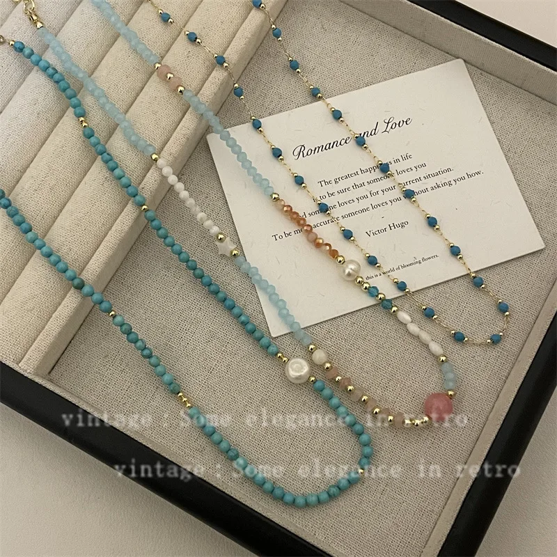 

Retro Exquisite Colorful Beaded Necklace with Natural Turquoise and Freshwater Pearl for Women