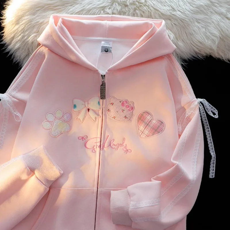 High Quality Lolita Cute Bows Cat Embroidery Hoodie Jacket Sweet Preppy Style Women Girls Loose Zipper Oversized Sweatshirt Coat