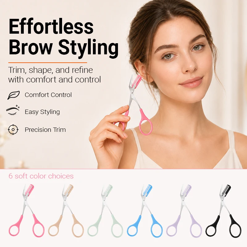 Multicolor Eyebrow Cutting Scissors With Attached Comb Curved Precision Blade Portable Brow Grooming Trimming Tool Easy To Use