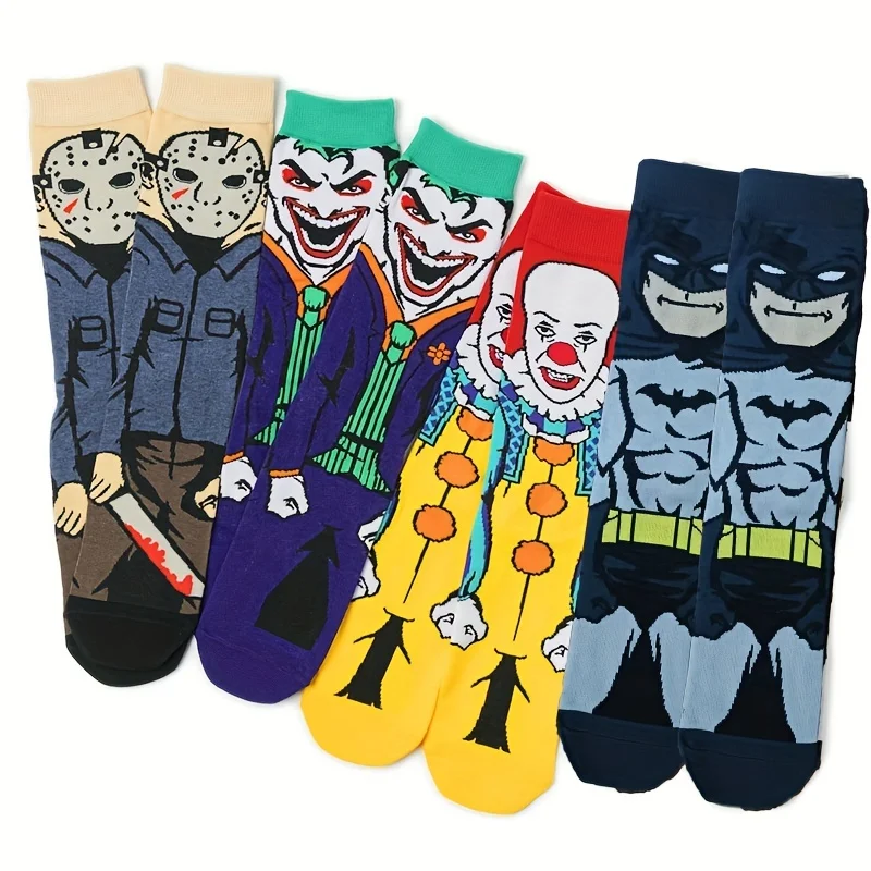 4 pair Anime straight tube men\'s socks straight board cartoon character socks personality fashion brand skateboard cotton socks