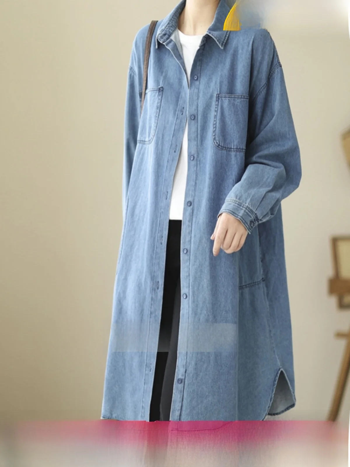 

Джинсовая рубашка с длинным рукавом, женский топ, пальто средней длины, куртка, осенне-весенний сезон, брюки-фонарики с завышенной талией, светлый цвет