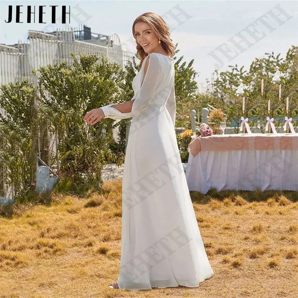 JEHETH Lace V-Neck Chiffon Wedding Dress Full Puff Sleeve Bride Gowns Backless A-Line Custom Made vestidos en oferta liquidación