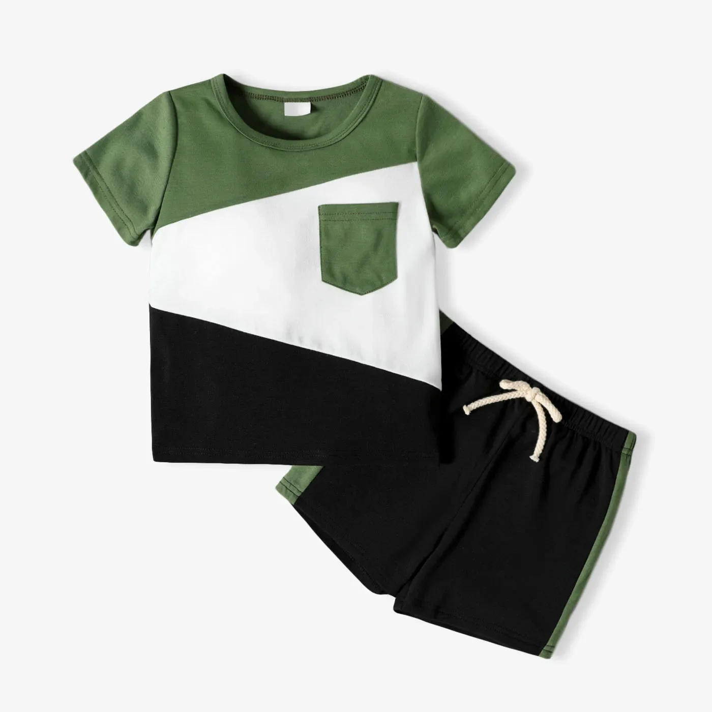 PatPat 2-piece Toddler Boy Colorblock Pocket Design Tee and Elasticized Shorts Set Perfect for Outings and Daily Wear