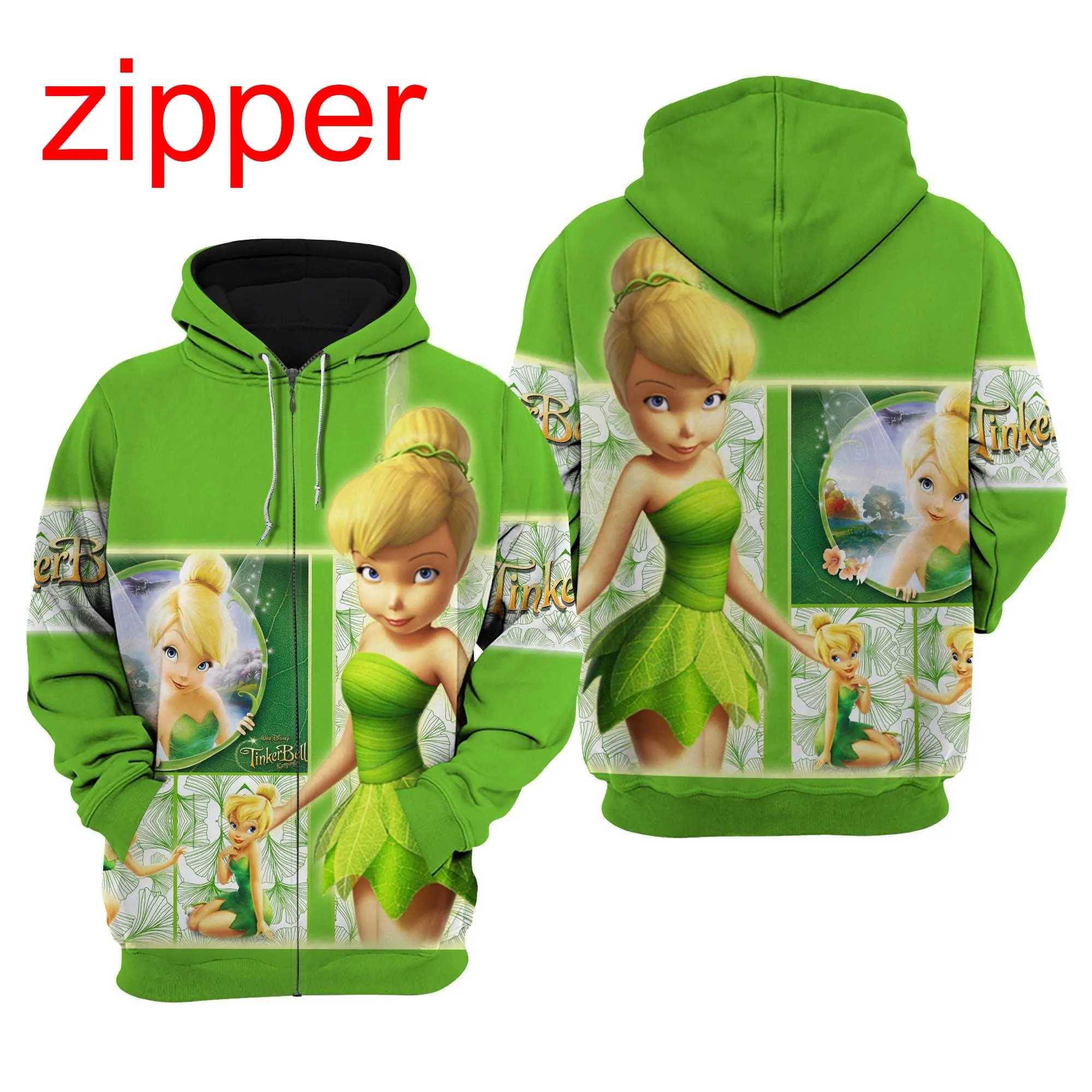 

2024 Spring and Autumn New 3D Printing cartoon Tinker Bell Unisex Couple Hoodie Children's Street Leisure Sports Large Pullover