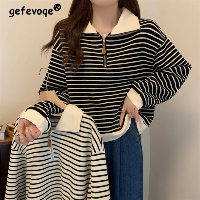 Women Trendy Striped Polo Collar Half Zipper Streetwear Oversize Chic Sweatshirts Casual Long Sleeve Pullover Tops Y2K Sudaderas