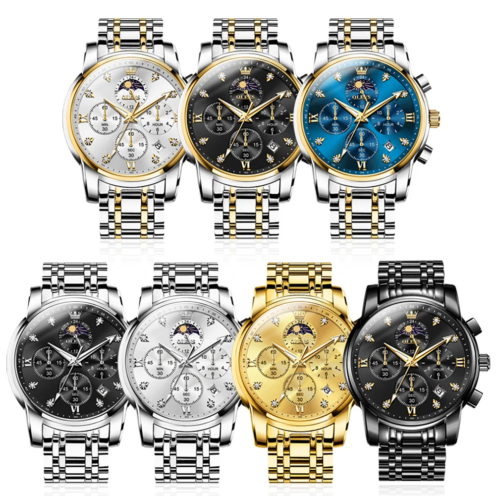 OLEVS 3655 Moon Phase Classic Three Eye Dial Men\'s Watch Stainless Steel Watch for Male Butterfly Buckle Waterproof Quartz watch