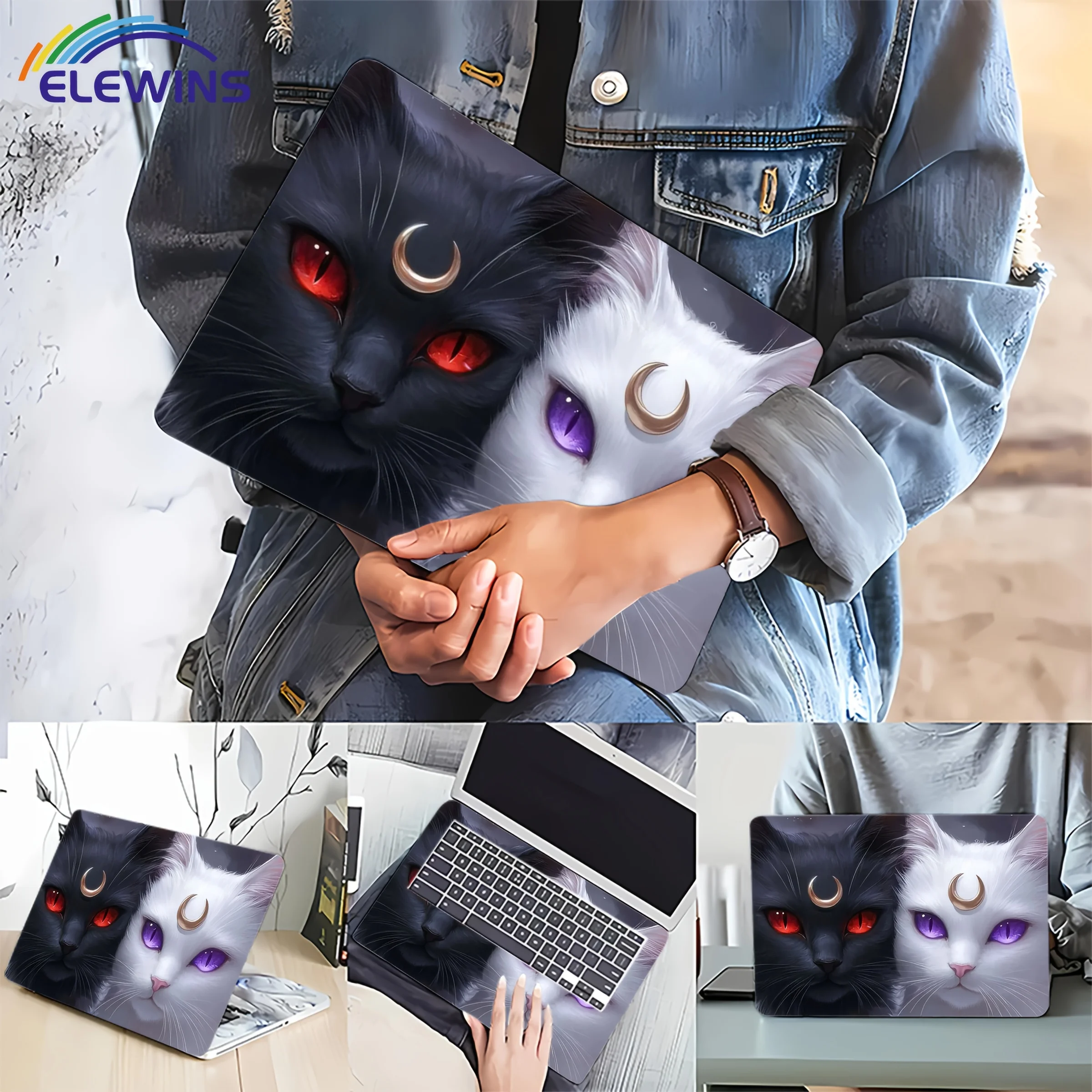 

2 упаковки, черно-белый чехол с рисунком кота для ноутбука, универсальная наклейка на кожу ноутбука, декор для ноутбука, холодильника