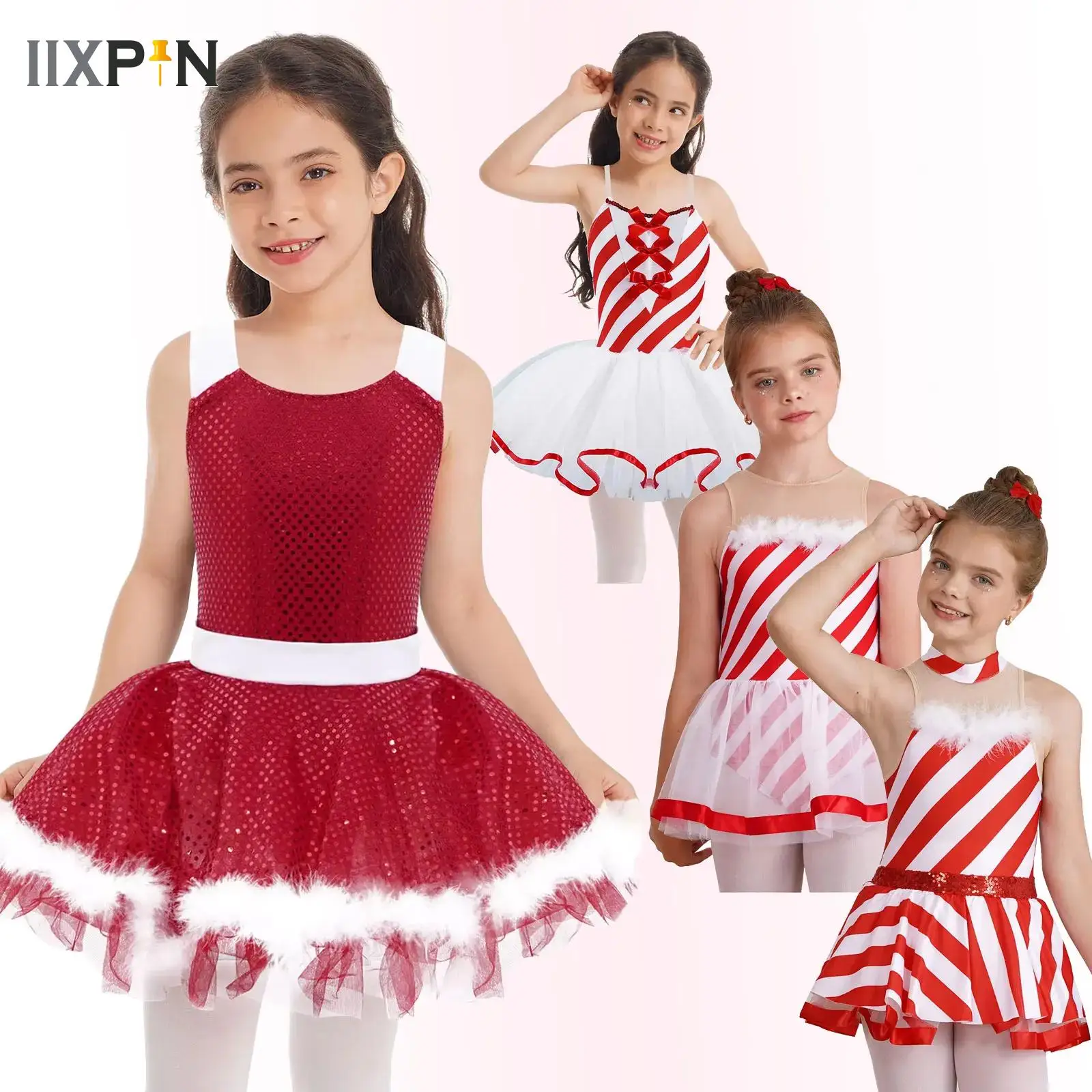 

Girl Candy Cane Xmas Christmas Elf Santa Claus Cosplay Costume Sequin Figure Skating Cami Dress Ballet Tutu Dance Leotards Dress
