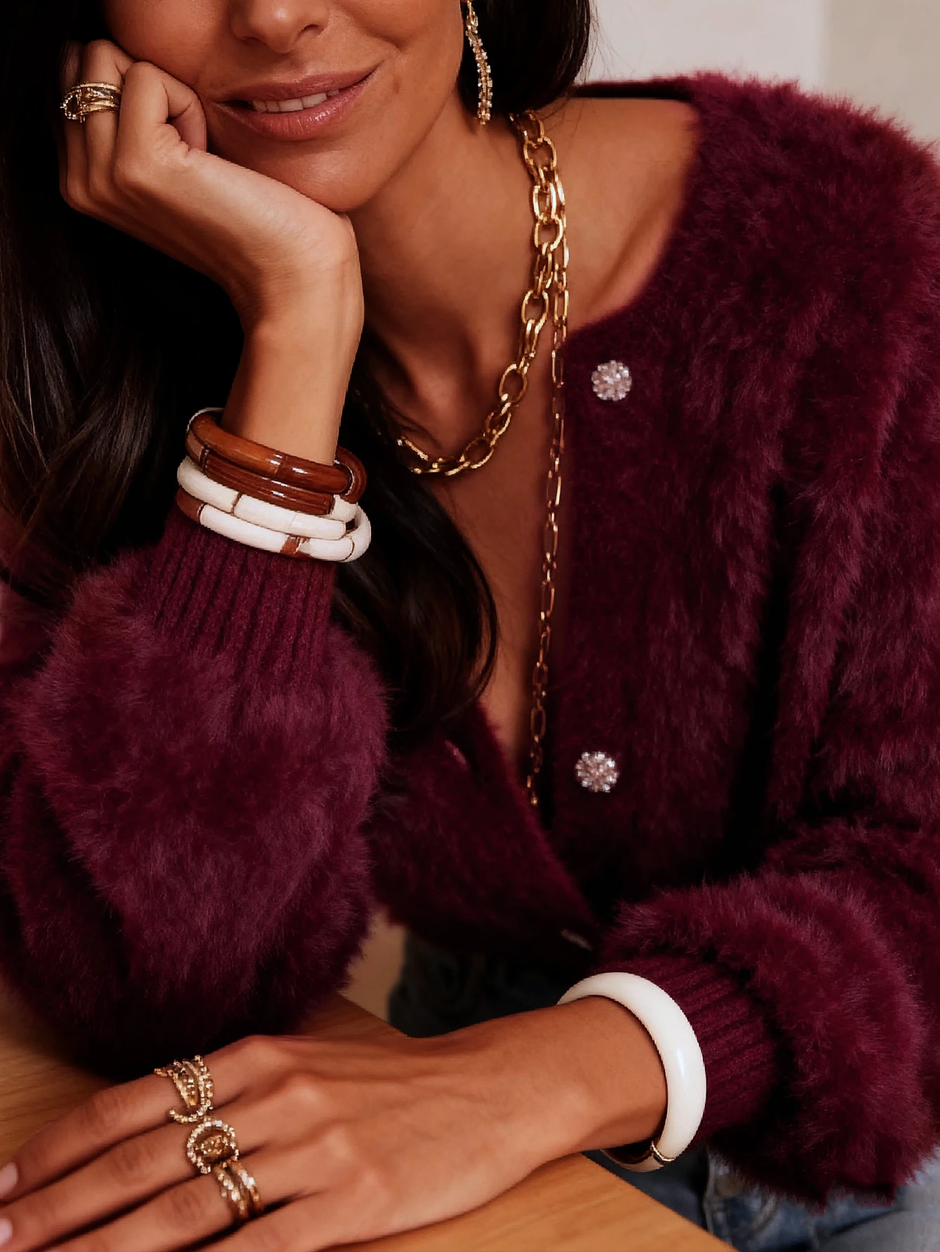 Burgundy Christmas Atmosphere-Inspired Plush Round-Neck Knit Cardigan for Women, Exquisite Rhinestone Buttons, Soft Faux Mink Sweater Coat, French-Style Light Luxury Short Loose Long-Sleeve Top, European Autumn and Winter Hot Item for Banquets and Gatherings, Gentle and Elegant Outerwear, Delicate Fluffy Skin-Friendly Fabric, Versatile for Dates and Work, High-End Feel for Holiday Parties, Eye-Catching Knitwear