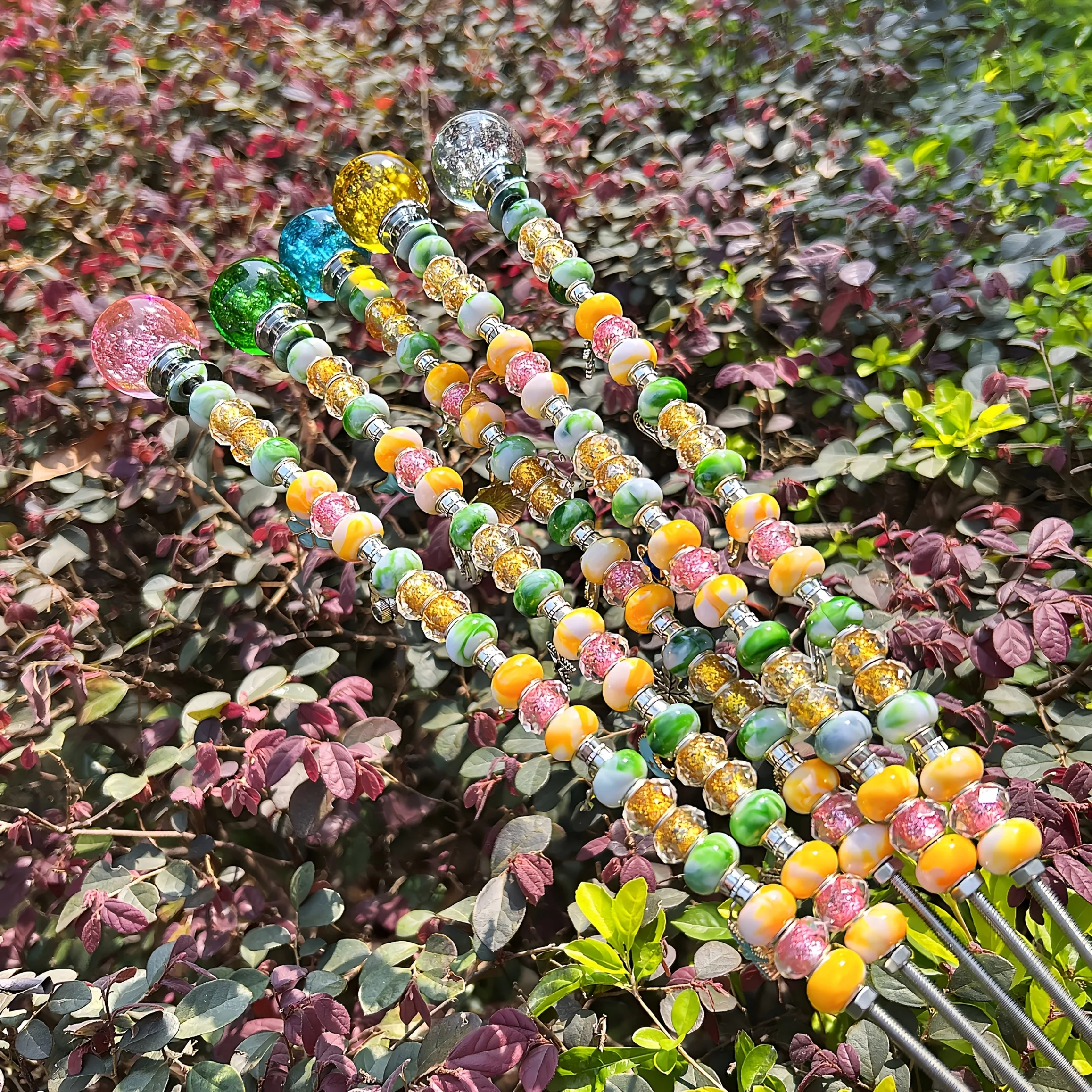 5 sets of DIY fairy wand fairy magic wand bead string garden wooden stake plant stake kits - 5 round crystal tops, 25 decorative droplets, 100 beads, 5 stainless steel threaded rods and 5 nuts, very suitable for outdoor decoration and flower pots and flow view 4