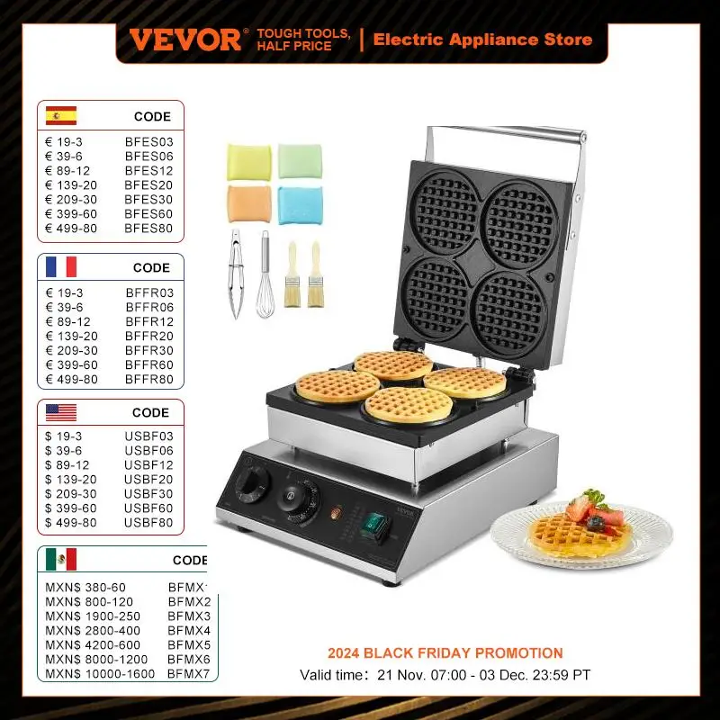 VEVOR Gaufrier Commercial 1750 W, Appareil à Gaufres Rondes Capacité 4PCs, en Acier Inoxydable,