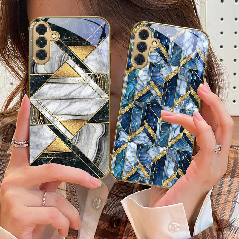 Blue marble texture For Samsung Galaxy S20 FE S21 S22 S23 Plus S24 Ultra 25Ultra S21+ S9+ S22Plus Golden glass phone case