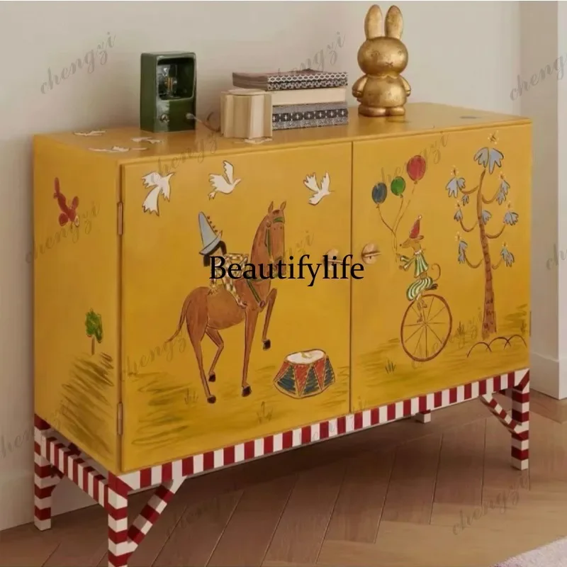 L181 Medieval solid wood painted entrance cabinet American retro dining side cabinet household living room home storage cabinet
