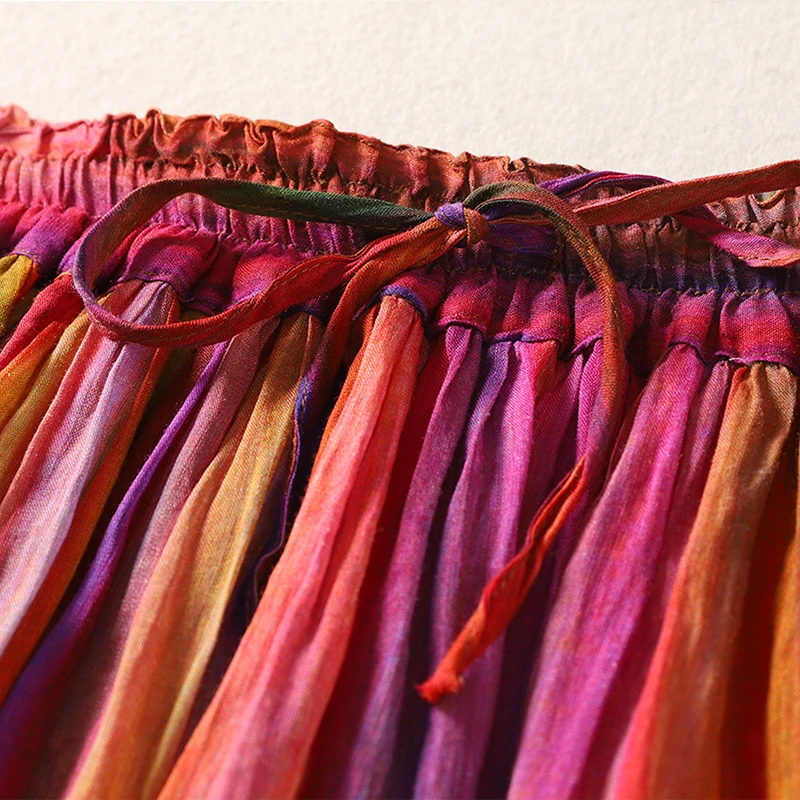 Summer Vintage Double Layered A-Line Midi Skirt with Elastic Waist Rainbow Stripes Loose Fit Long Skirt for Women