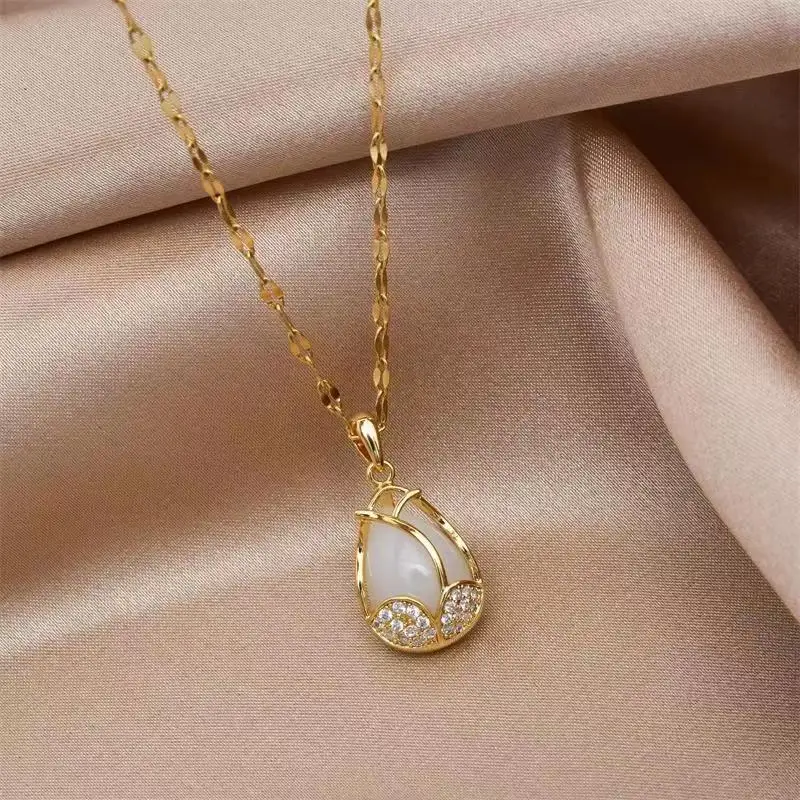 Titanium Steel Tulip Opal Pendant Necklace For Women Luxury Crystal Zircon Flower Collarbone Chain Choker Elegant Charm Jewelry