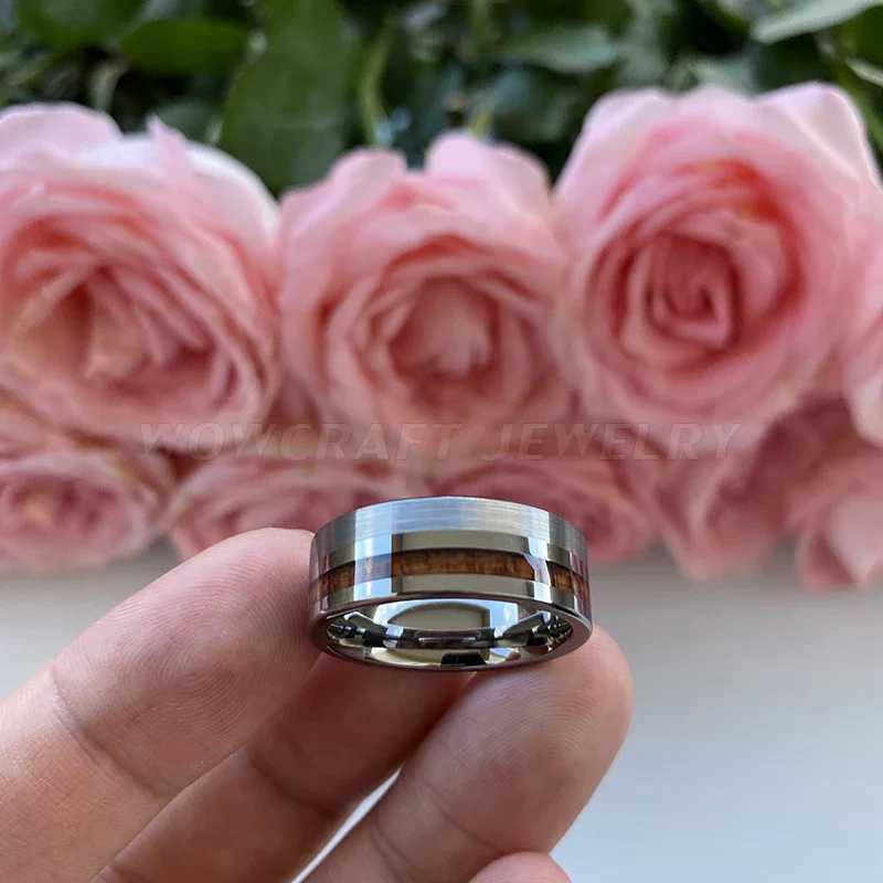 Pip Cut Wood Inlay Tungsten Carbide Ring Men Wedding Band Polished Shiny Comfort Fit Modern for Women Engagement Ring