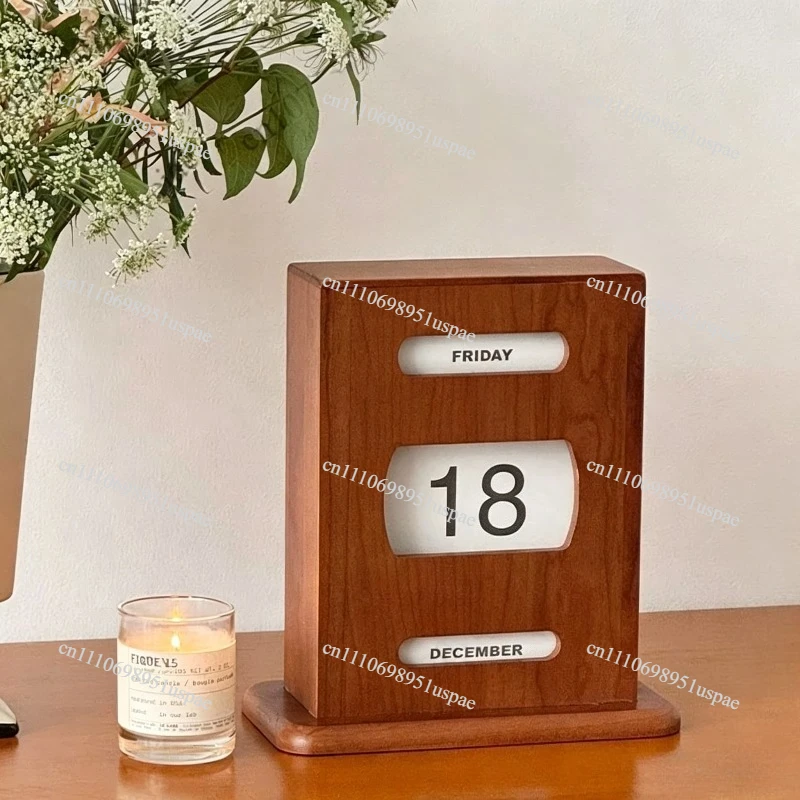 Vintage Wooden Perpetual Calendar Cherry Wood Manual Flip Desk Calendar Retro Antique Desktop Decor for Home Office Gift