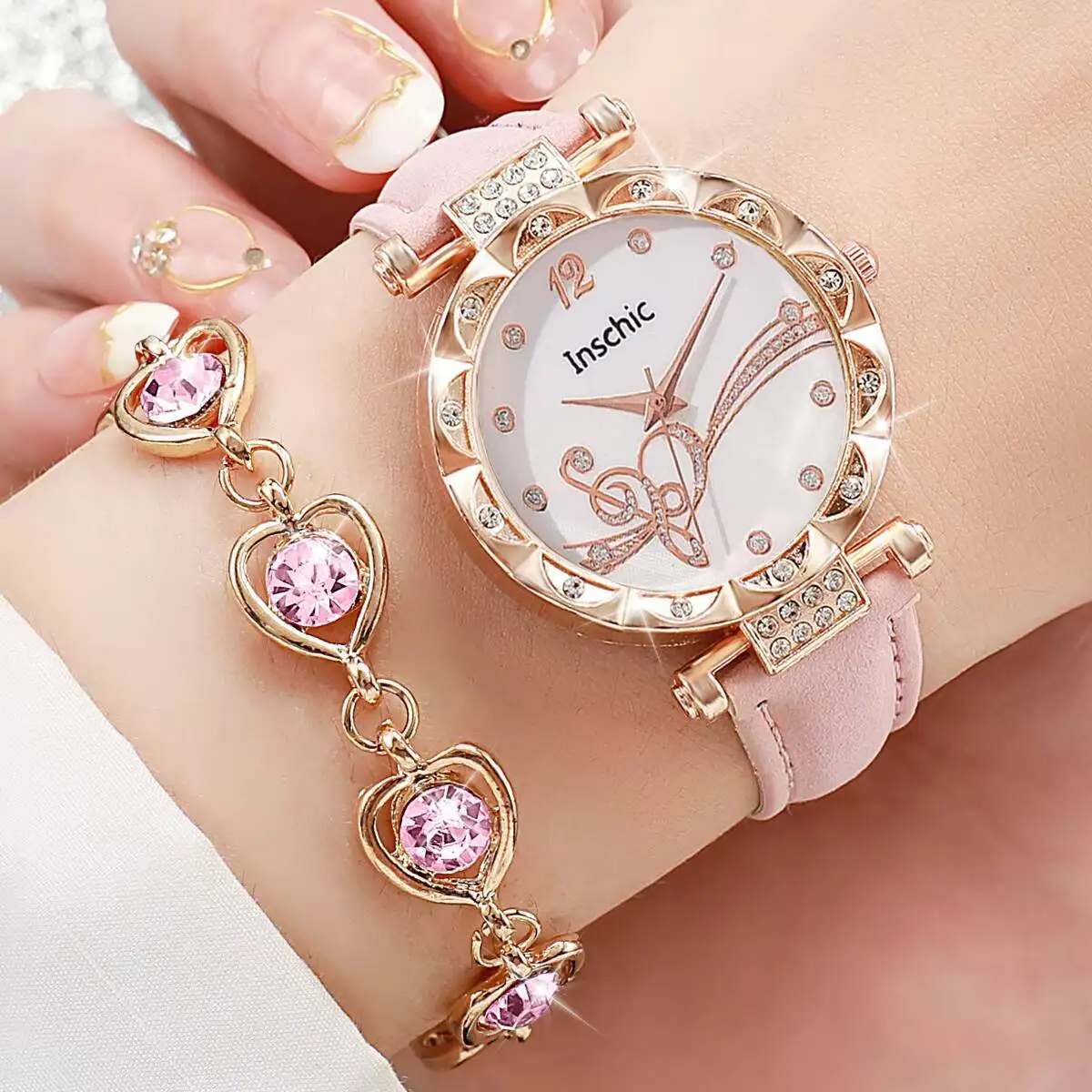 6PCS/Set Fashion Rhinestone Women's Watch Leather Band Analog Quartz Watches Heart Jewelry Set Reloj Mujer（Without Box）