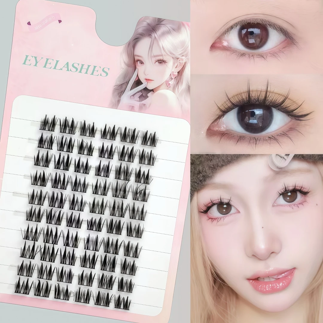 Double-pointed Wheat-ear False Eyelashes, Ultra-fine Individual Lashes with Black Band, 3 Clusters for Easy Application, Full 3D