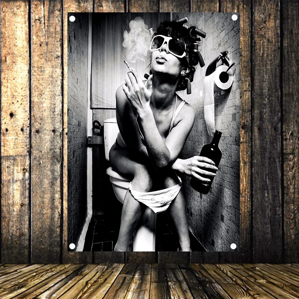 Smoking Girl on Toilet Wall Art Posters and Prints Tapestry Tattoo Art Banner Flag Canvas Painting Bar Cafe Bedroom Home Decor