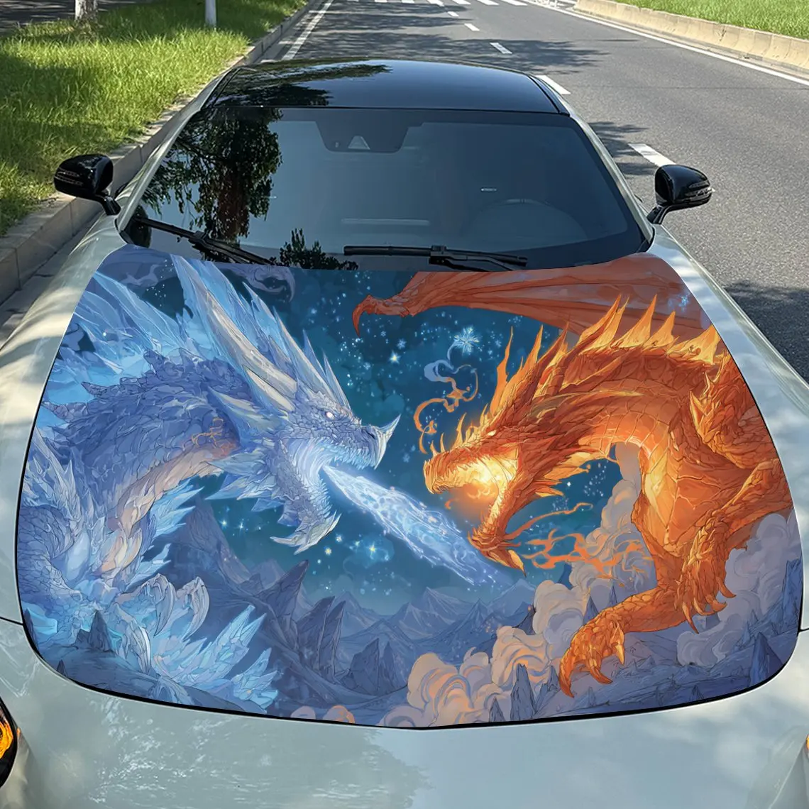 

Frost & Flame Twin Dragons in Starry Dome Secret Realm Car Vinyl Wrap, PVC Material Waterproof Car Hood Sticker, Self-Adhesive S