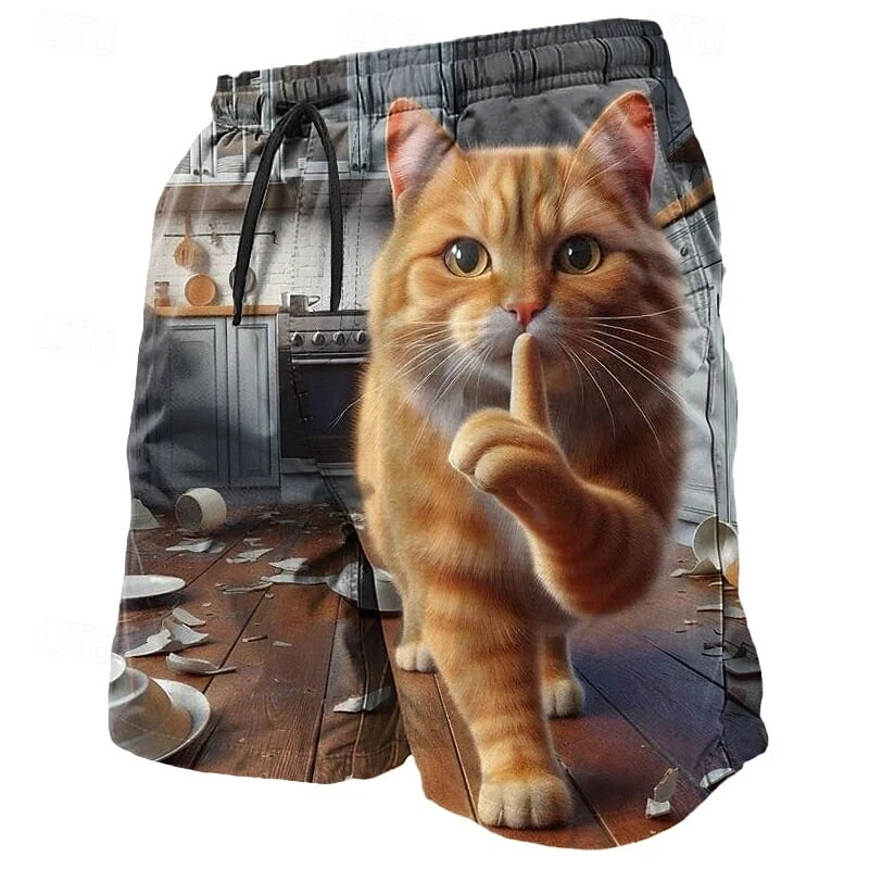 Funny Humour Gesture Cat Print Beach Short Men Women Hip Hop Personality 3D Pattern Loose Breathable Drawstring Board Shorts