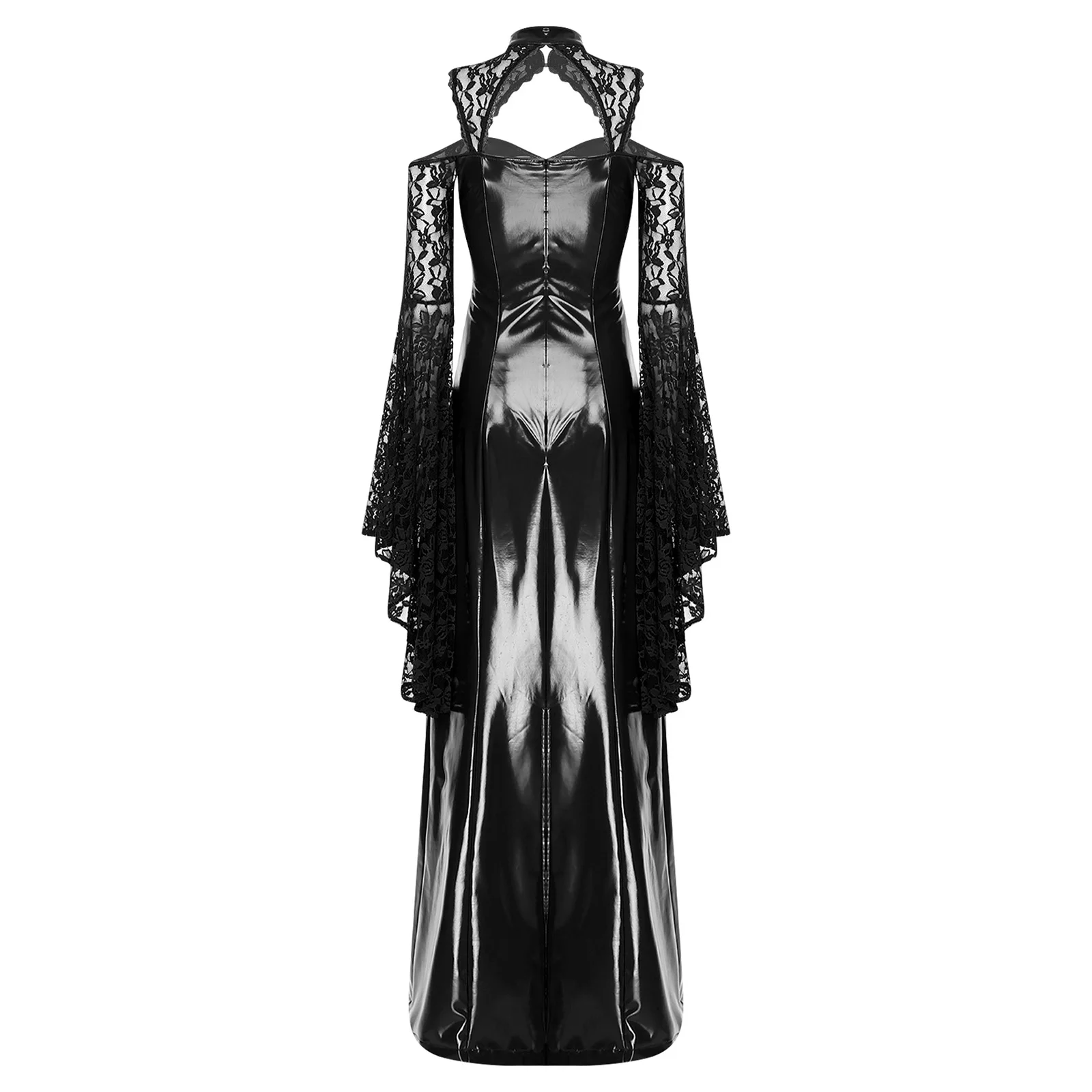 فستان ماكسي نسائي على الطراز القوطي Steampunk مزين بالدانتيل اللامع من البولي يوريثان بأكمام واسعة وفتحة من الخلف فستان بحاشية مقسمة للحفلات والنوادي