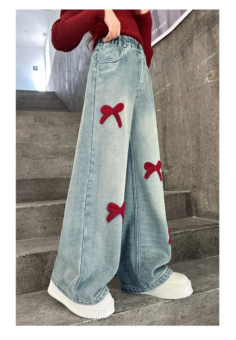 Winter-Jeans aus Lammfell für Mädchen, 4-14 Jahre, Teenager-Mädchen, Jeanshose mit integrierter Schleife und Fleece, lockere Herbst-Jeanshose für junge Mädchen – Detail 14