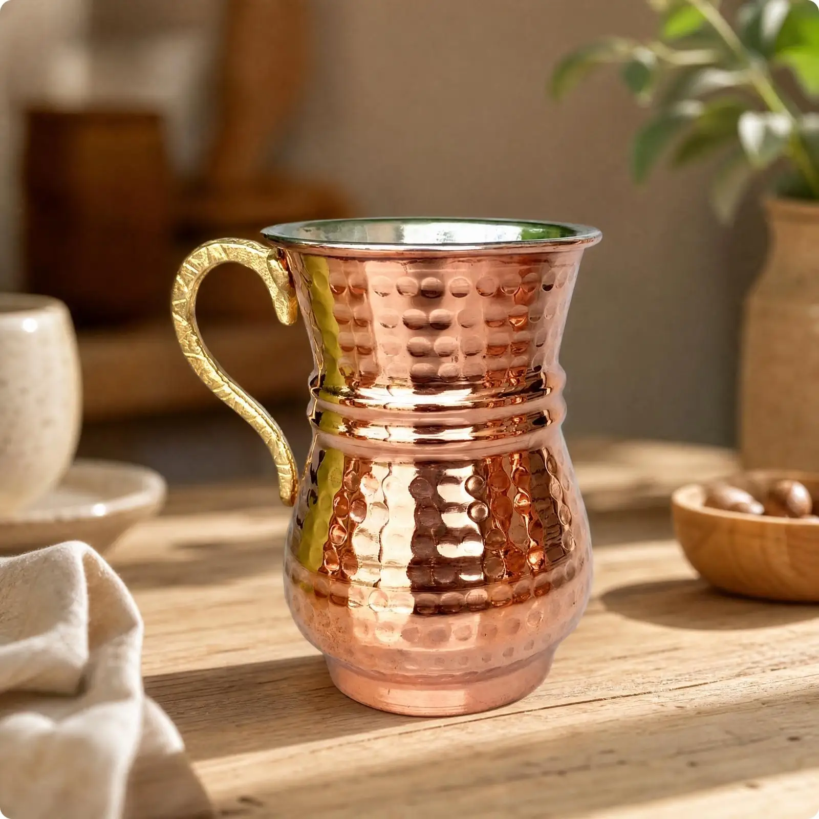 Handmade Copper Pitcher Handcrafted Hammered Copper Pitcher Compact Drinking Vessel for Beverage Service, Tea Rituals, Tabletop