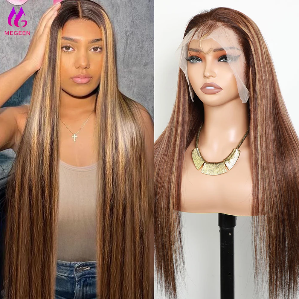 Megeen 13x4 parrucche anteriori in pizzo 26 pollici Ombre evidenziare capelli umani parrucche anteriori in pizzo dritto trasparente parrucca colorata P4/27 prepizzicata