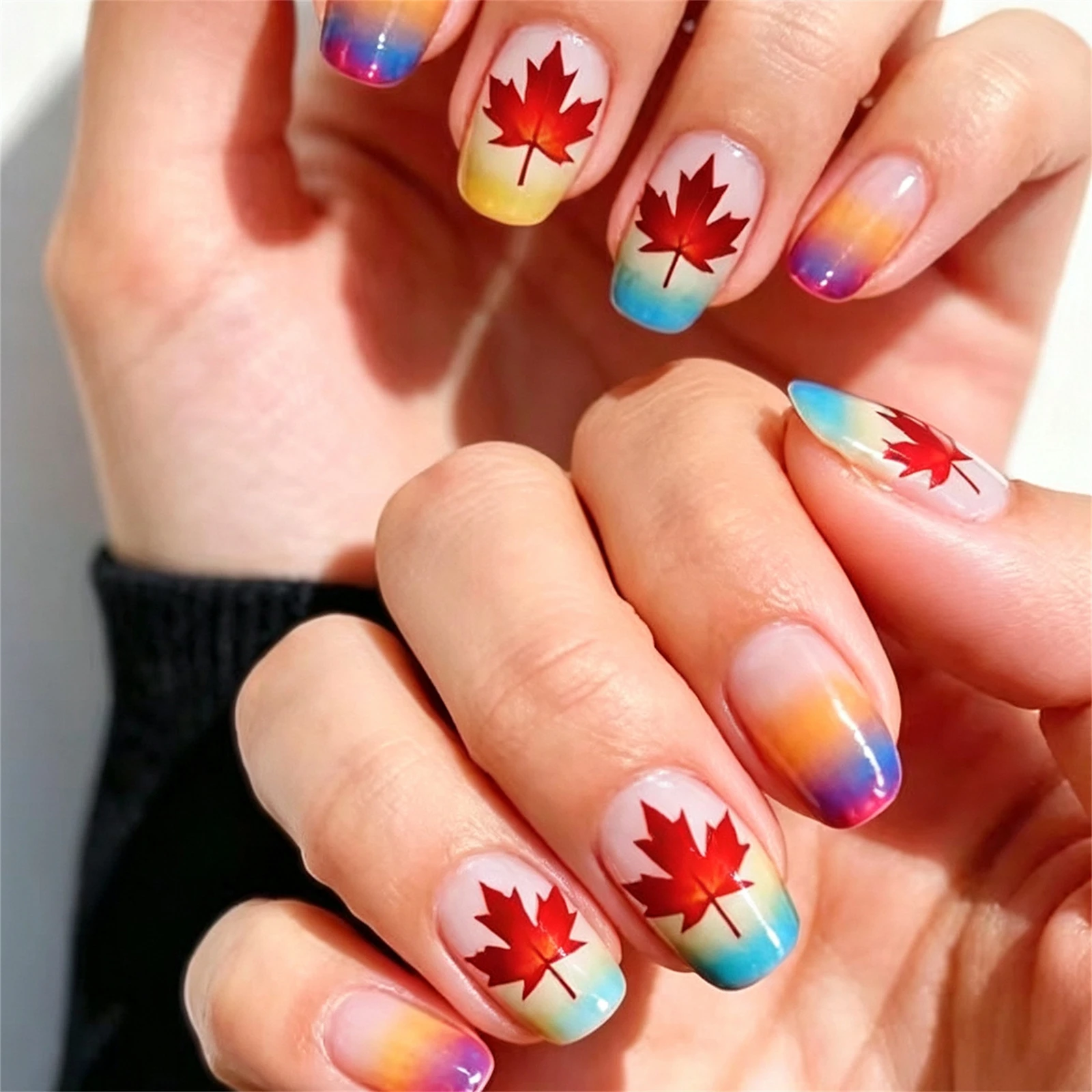 24pcs Maple Leaf Pattern Press On Nails Colorful Gradient French Style Square Fake Nails Wearable Autumn Daily False Nail Tips