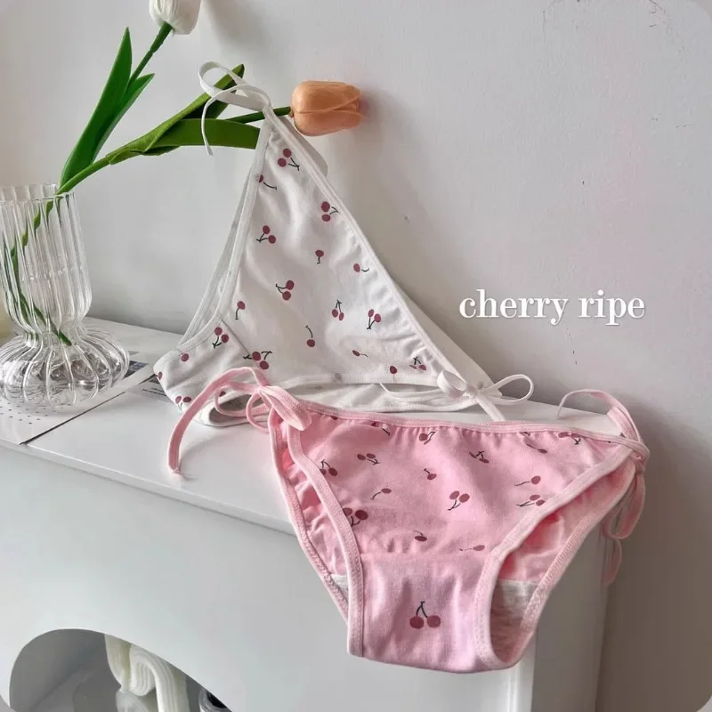 Lolita Sweet Cherry Pattern Cotton Panties Women Sexy White Pink Lace Up Strap Underwear Soft Low Waist Briefs Anime Maid Thongs
