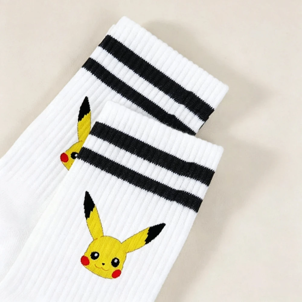 5 Paar neue weiße, doppelt gestreifte Socken mit niedlichem Taschenmonster-Charakter-Aufdruck, atmungsaktive Baumwolle, lässige Damen-Rundhalssocken – Detail 6