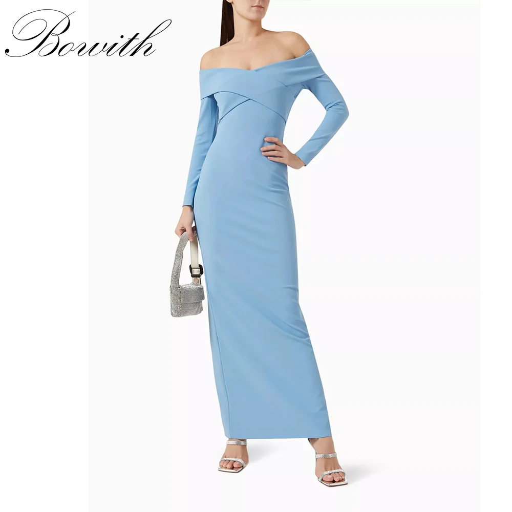 

Bowith Elegant Evening Dresses Women Off the Shoulder Long Sleeves Prom Dresses Customized vestidos de fiesta Party Gown