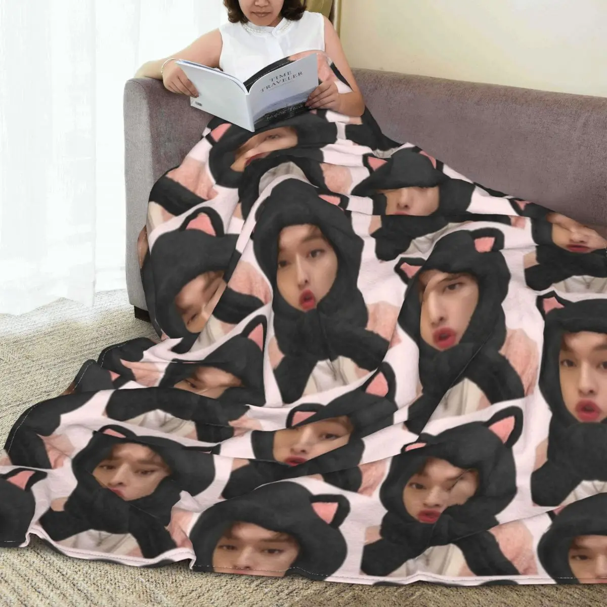 Lee Know Cat Filter Flannel Blanket Kpop Cute Super Warm Bedding Throws for  Chair Sofa Bed Camping Bedspread Sofa Bed Cover