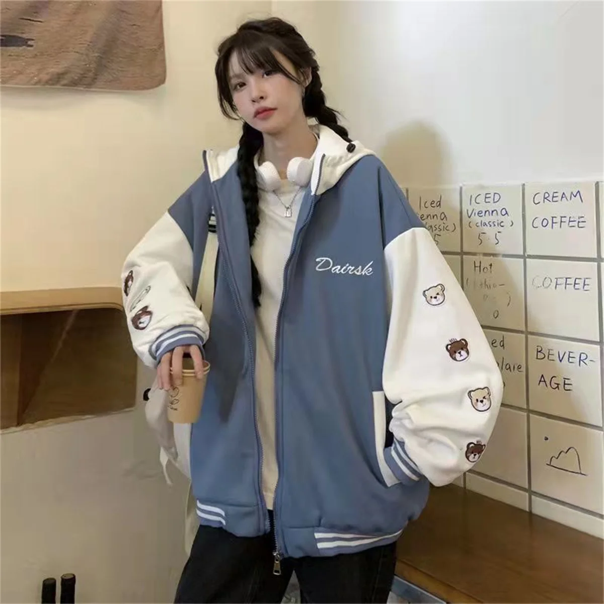 Fashion New Polychrome Cartoon Pocket Zipper Hoodie Women Harajuku CuteOversized Hooded Sweatshirt 2025 Popular Streetwear