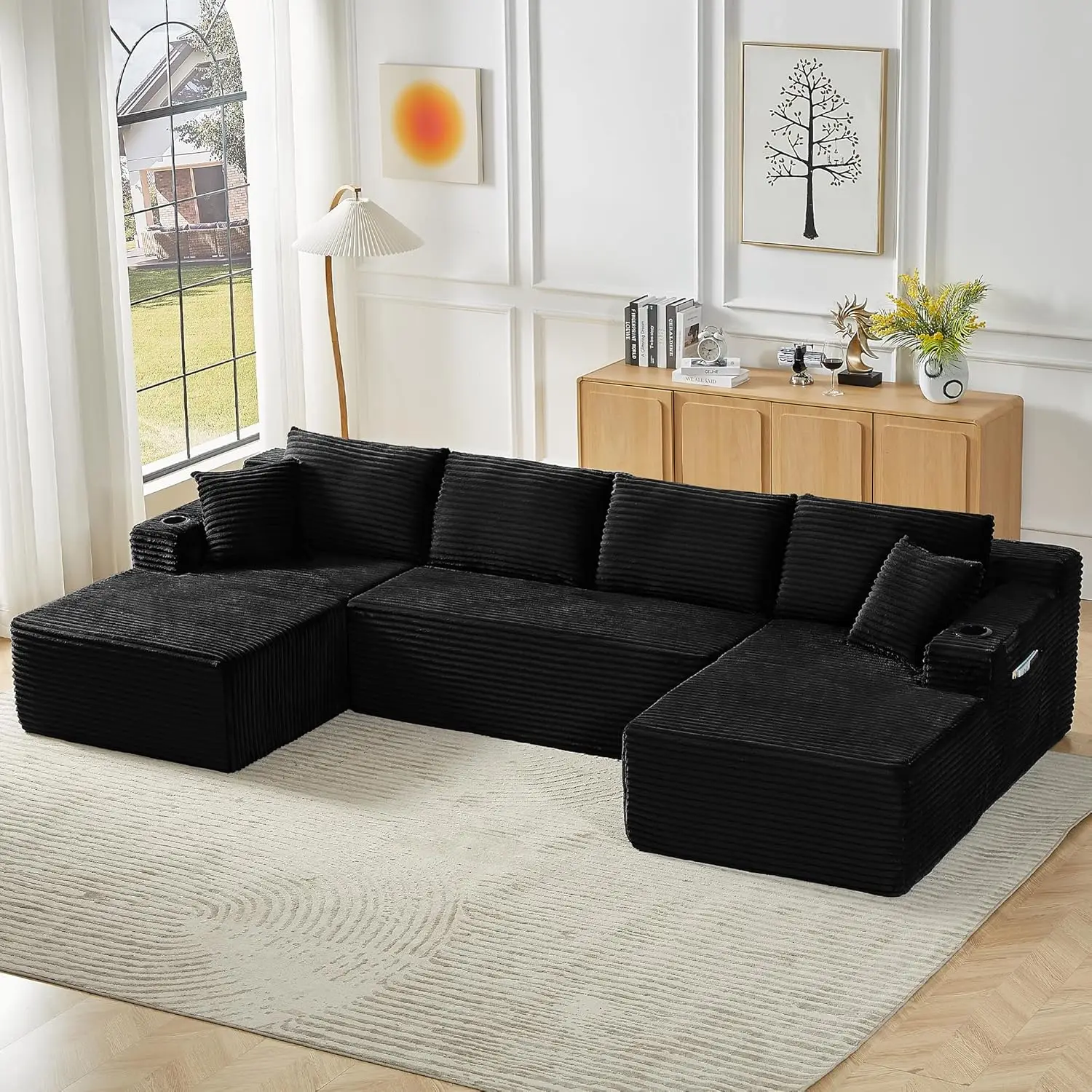 

133,5-дюймовые черные секционные диваны без костей для гостиной, большой U-образный модульный комплект с подстаканниками и боковым карманом