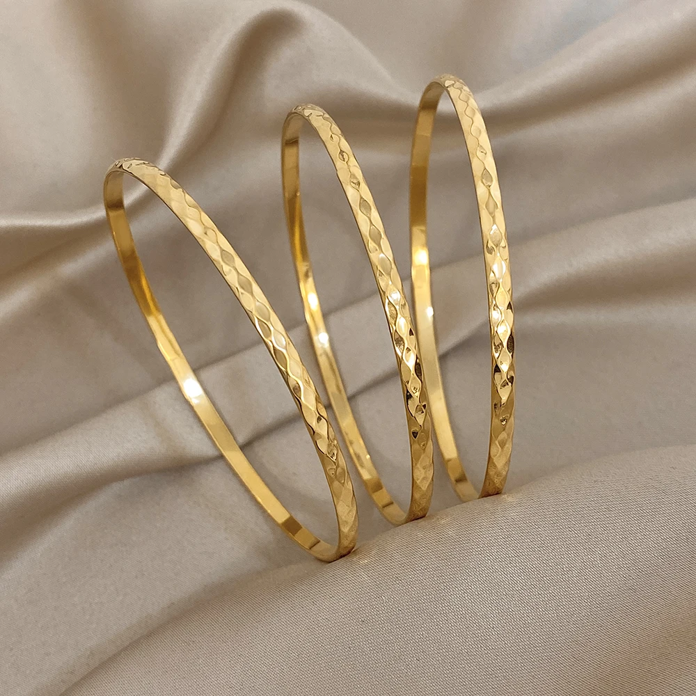 1pc/3pcs Hammered Gold Plated Stainless Steel Bangle for Women Shiny Geometric Slim Stackable Bracelets Waterproof Jewelry