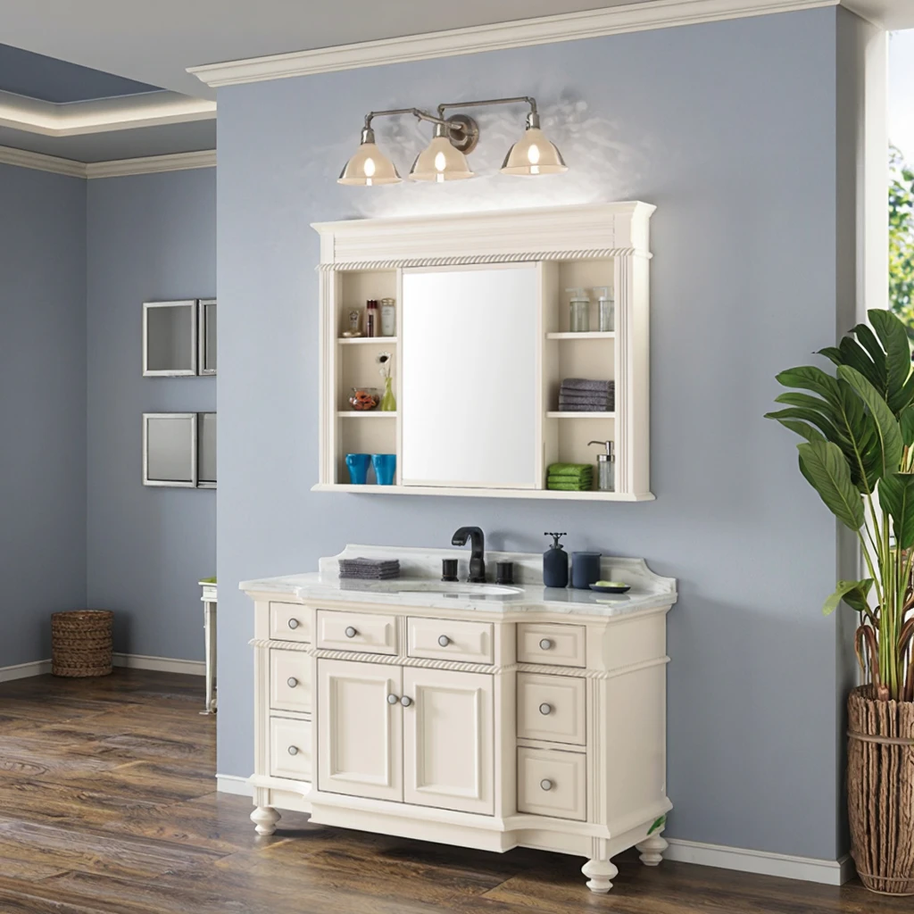 Modern Style Solid Wood Lacquered Finish Bathroom Vanity Cabinet Floor Mounted Water Resistant Ceramic Basin Bath Mirror Home