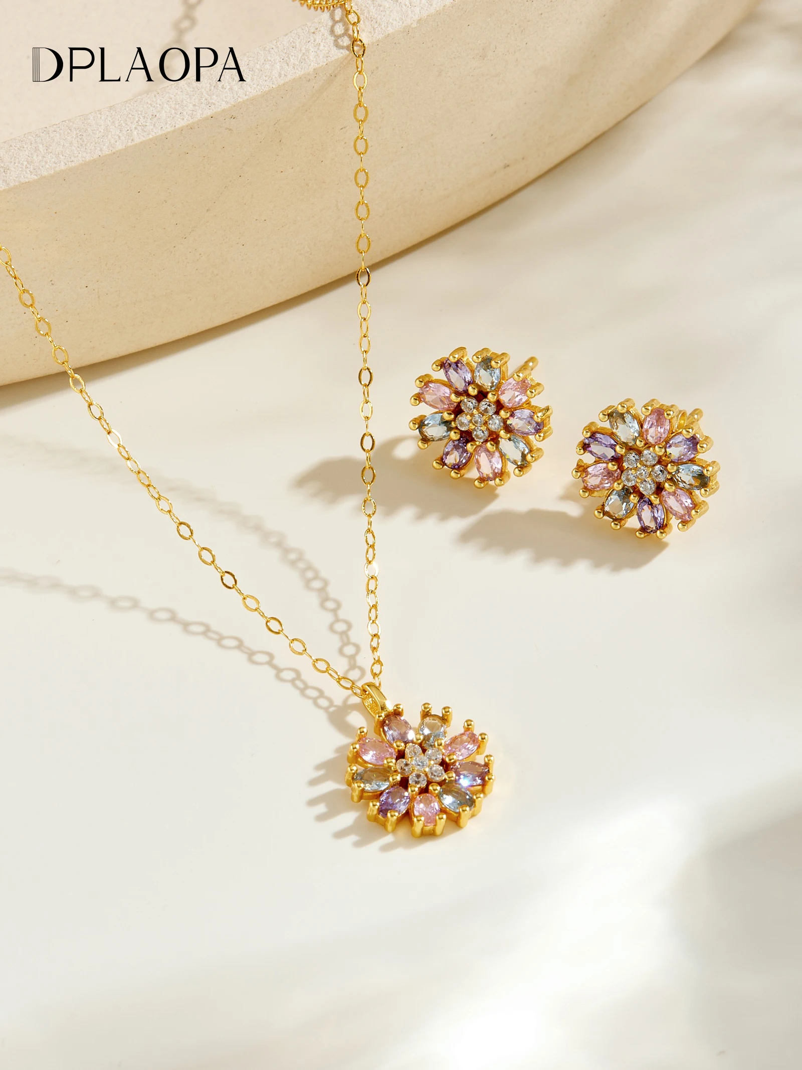 

DPLAOPA 925 Sterling Silver Flower Shaped Colorful Zircon Stud Earrings Necklace Set Women Luxury Fine Daily Jewelry Accessories