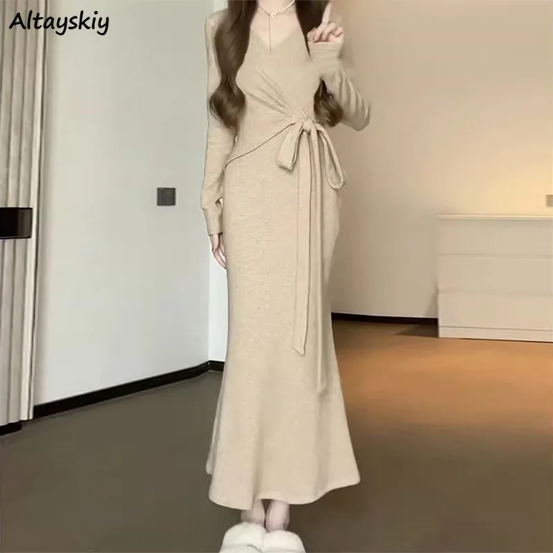 

Bandage Slim Dresses Women French V-neck Elegant Clothes Gentle Solid Basic High Street Popular Partywear Youth Girls Newest Ins