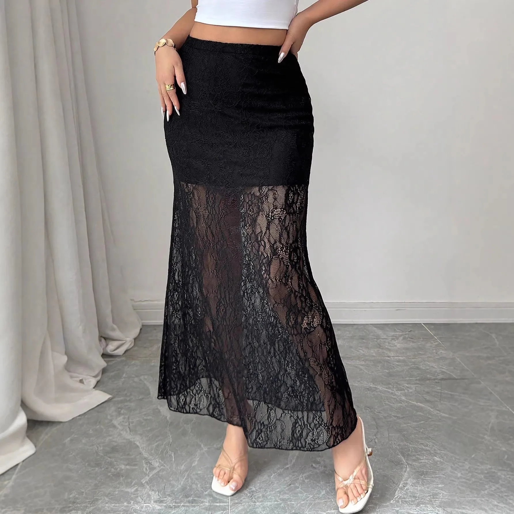 Spring Summer 2026 High Waist Lace Fashion Slim Fit Bodycon See through Half Skirt Women's Clothing Cross Border Style
