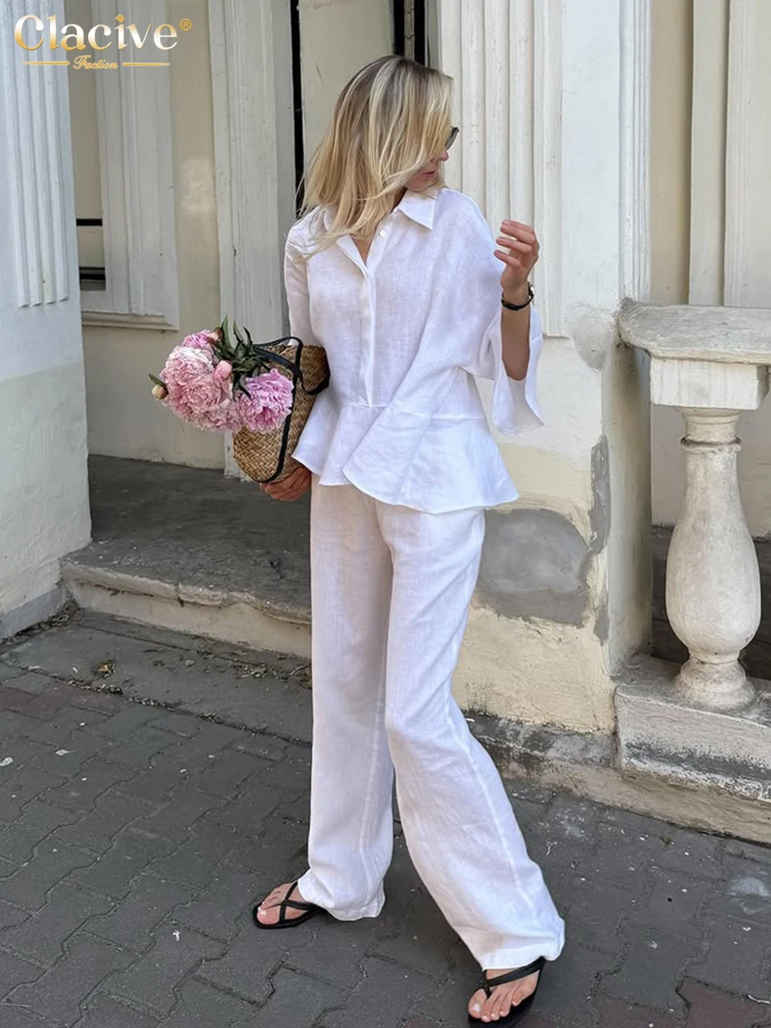 

Clacive Summer Loose White Cotton Women's Two Pieces Set 2026 Fashion Short Sleeve Shirt With High Waist Wide Pants Set Female